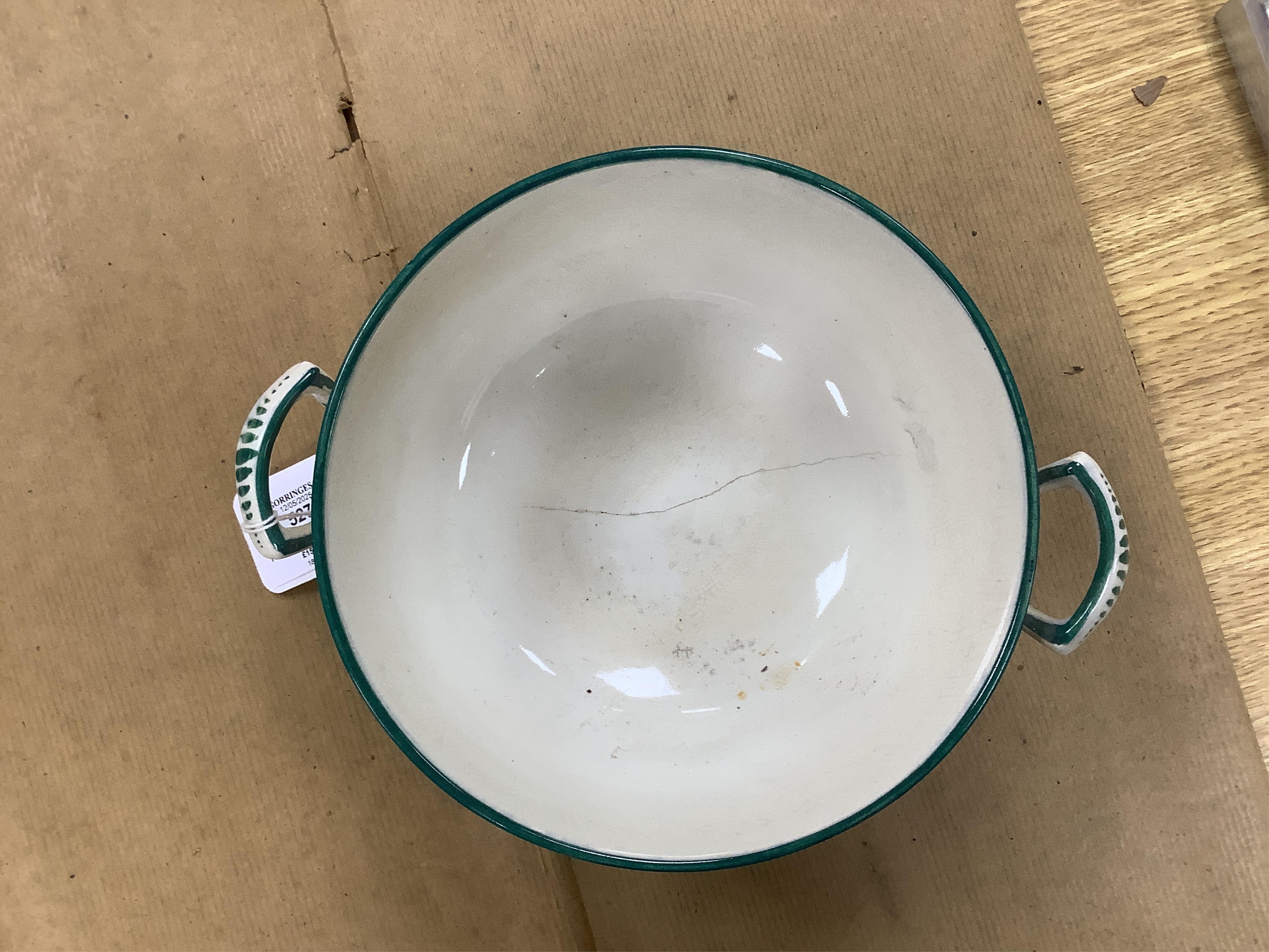 A Wemyss four-piece toilet set, a jug and basin, soap dish with liner, and bowl, damson pattern. Basin 39cm diameter., Condition - poor